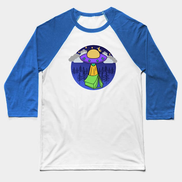 Alien Spaceship Visits Campers – Purple Green Baseball T-Shirt by KoreDemeter14